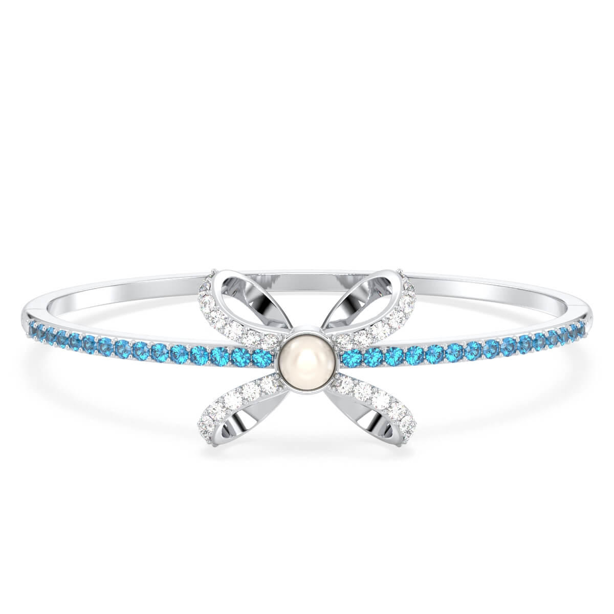 Classic Freshwater Pearl Bow Knot Bracelet With Swiss Blue Topaz in White