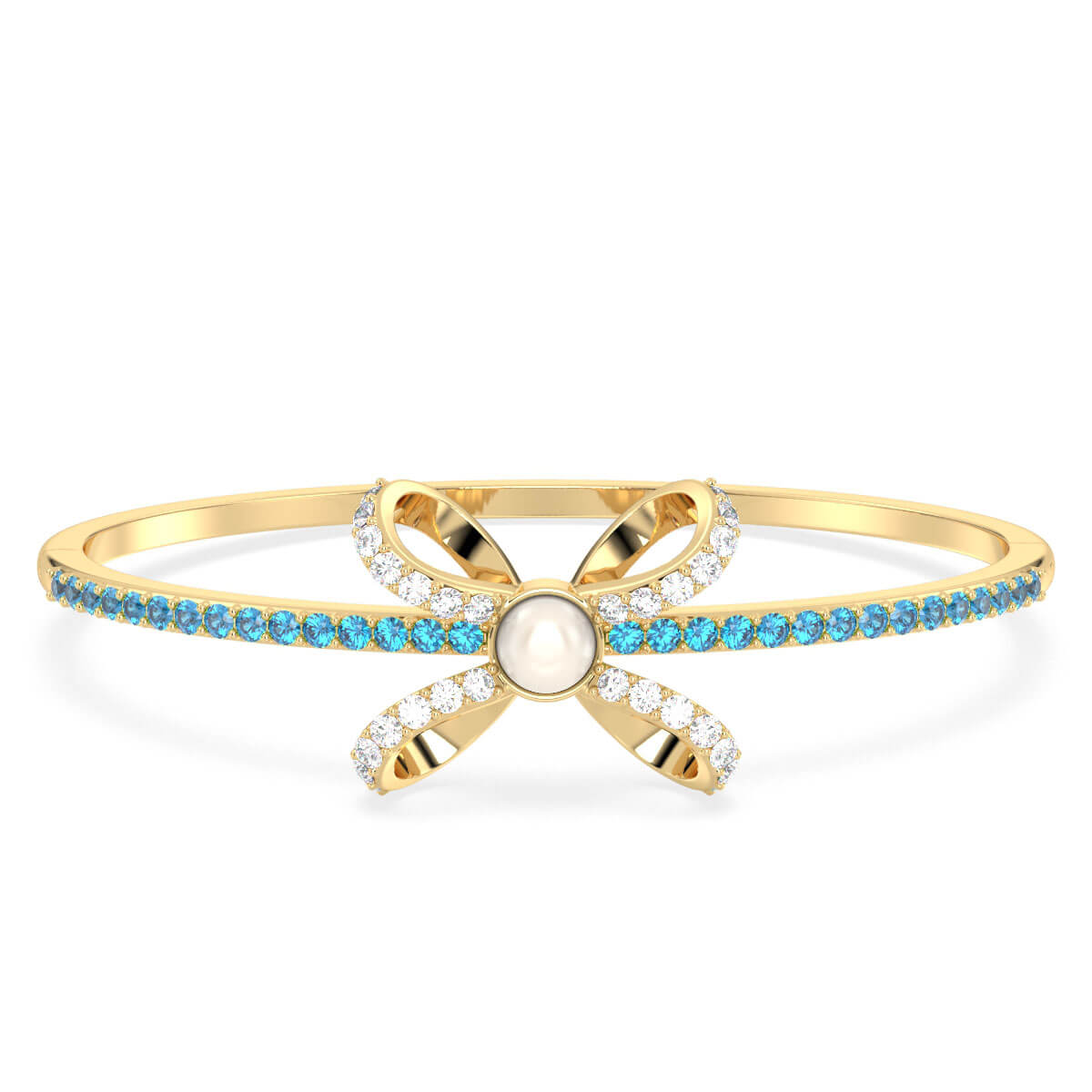 Classic Freshwater Pearl Bow Knot Bracelet With Swiss Blue Topaz in Yellow