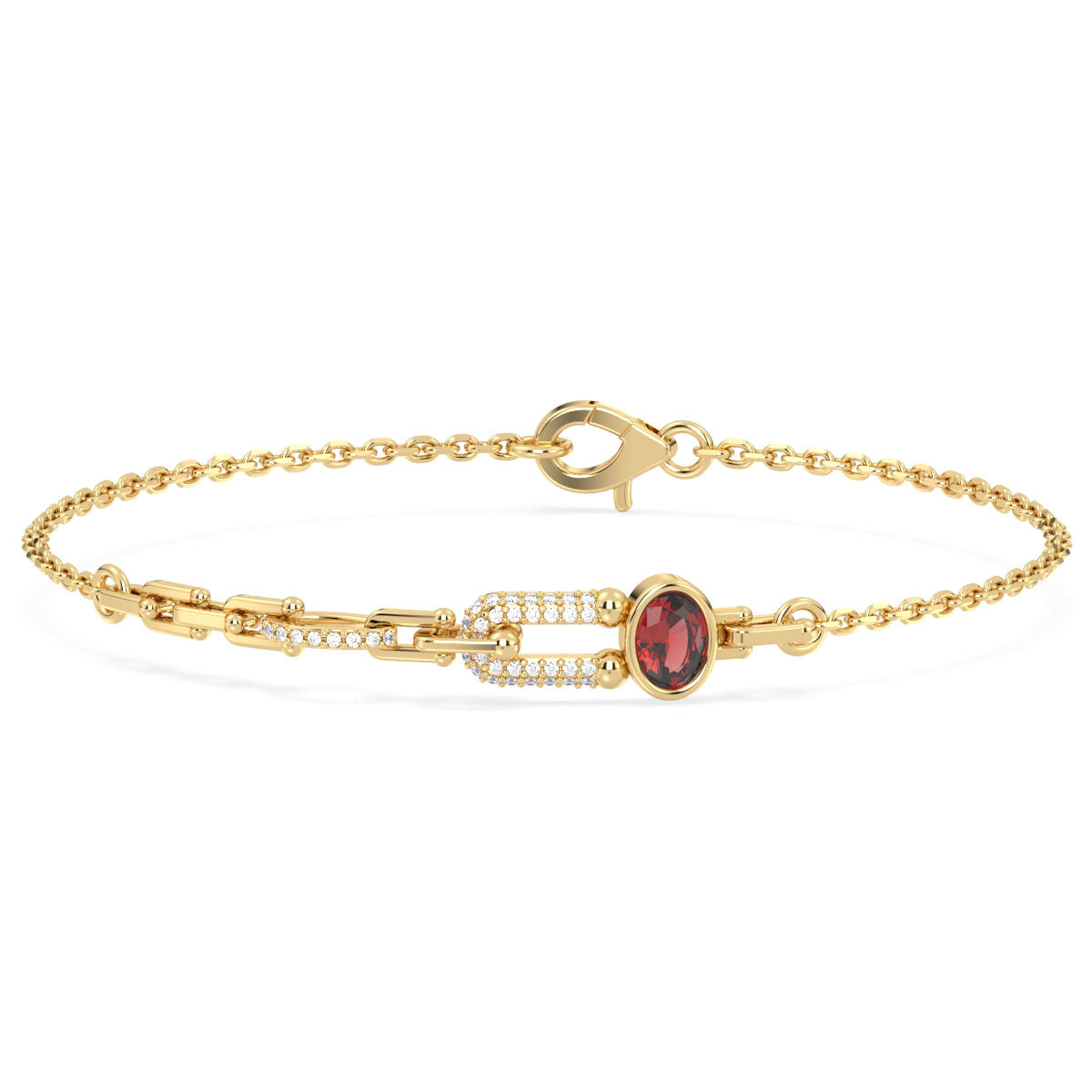 Geometric Link Bracelet With Red Garnet in Yellow