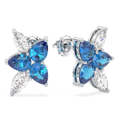 5 Petal Blue Topaz Stud Earrings - White