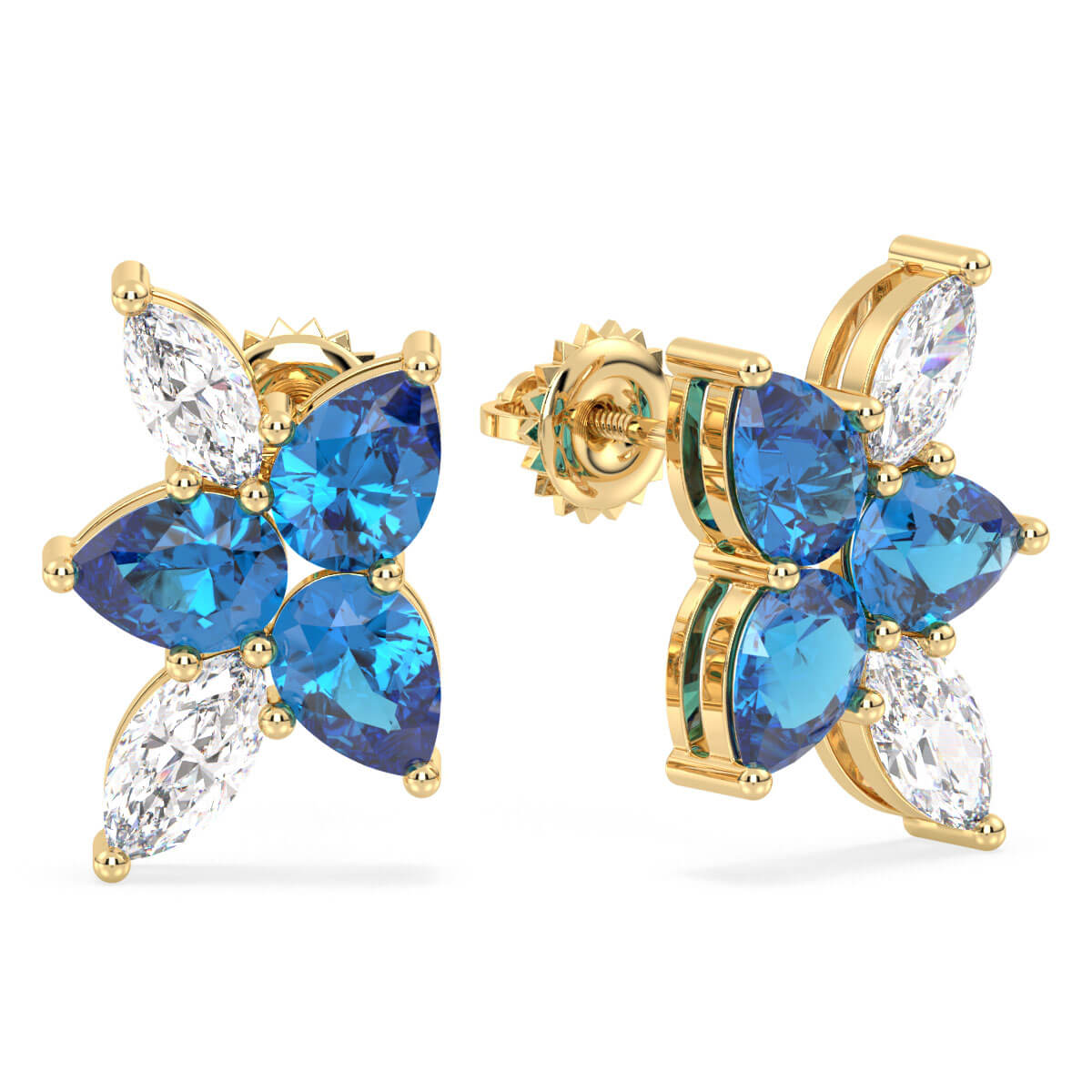 5 Petal Blue Topaz Stud Earrings - Yellow