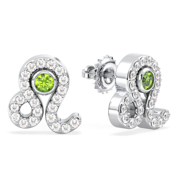 Leo Zodiac Sign Peridot Stud Earrings- White