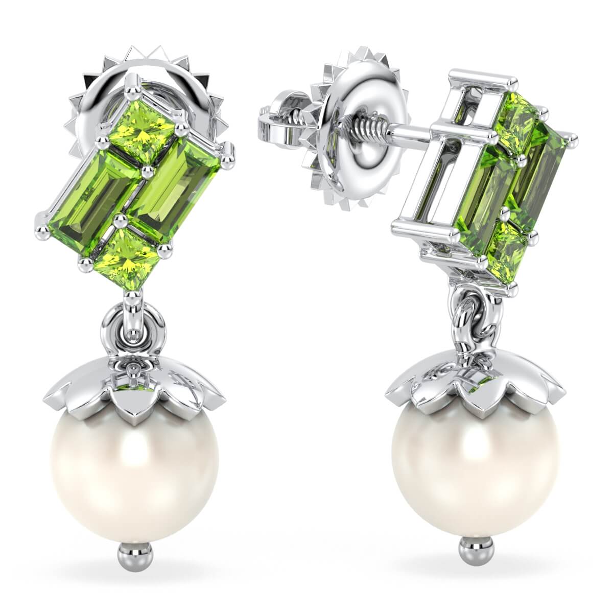 Classic Peridot and Pearl Double Dangle Earrings - White