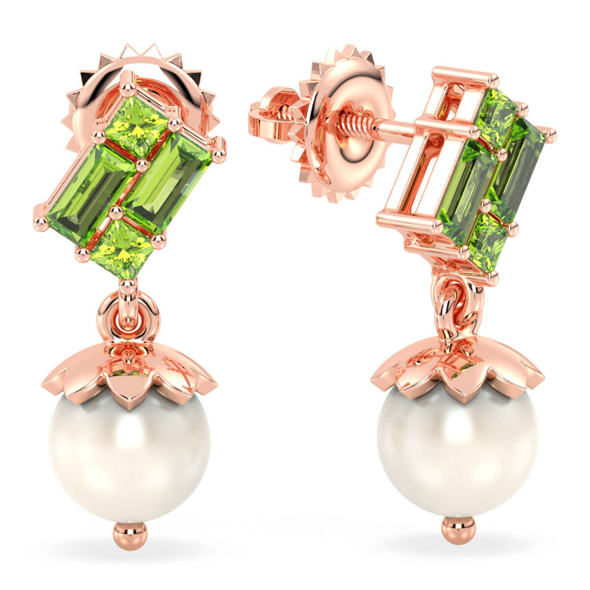 Classic Peridot and Pearl Double Dangle Earrings - Rose