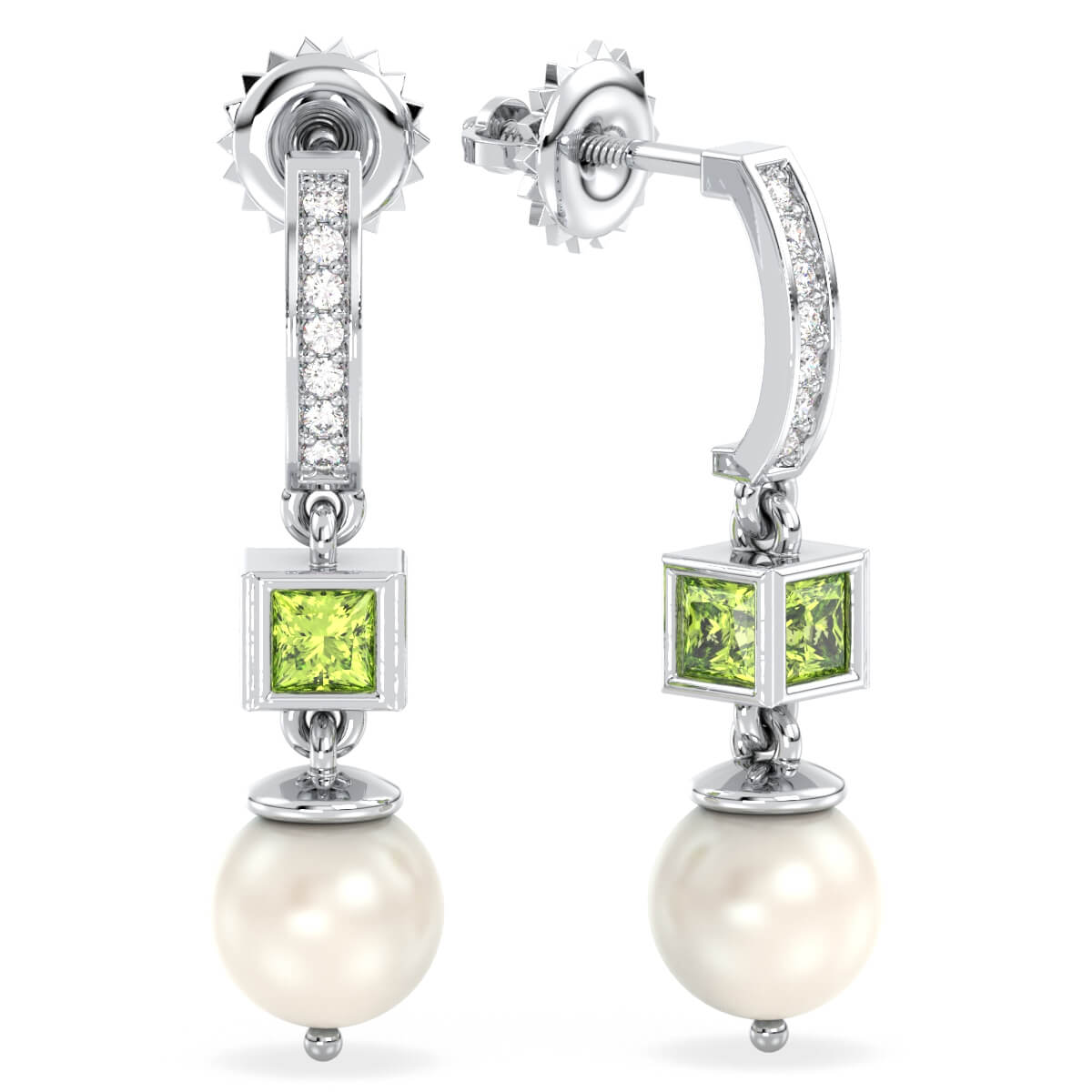 Freshwater Pearl and Peridot Dangle Earrings - White