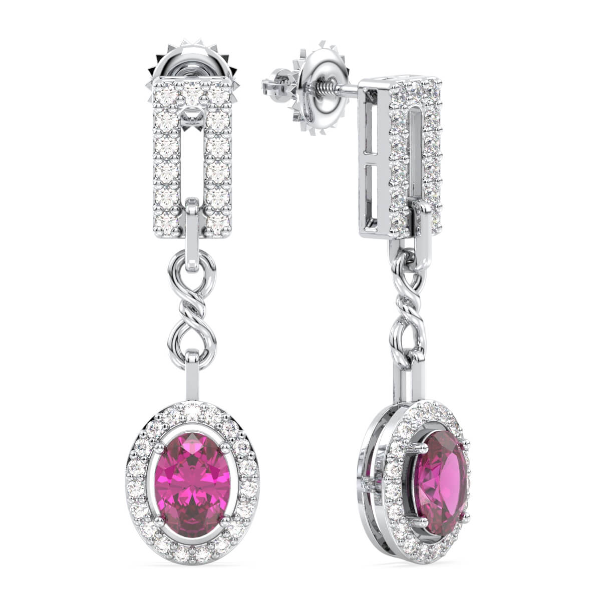 Link Style Drop Earrings With Pink Topaz - White