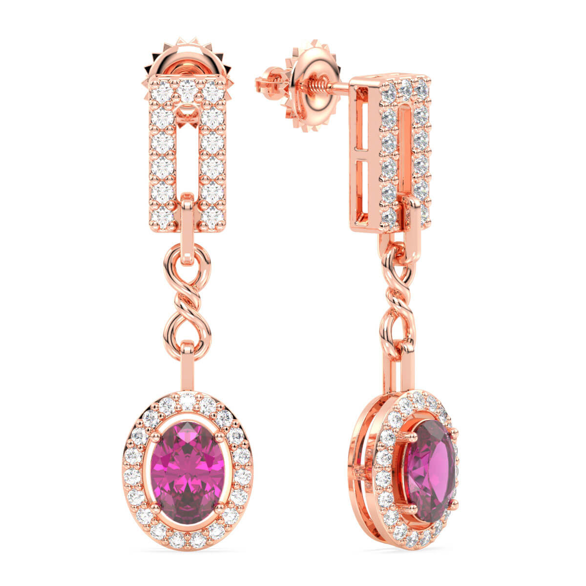 Link Style Drop Earrings With Pink Topaz -Rose