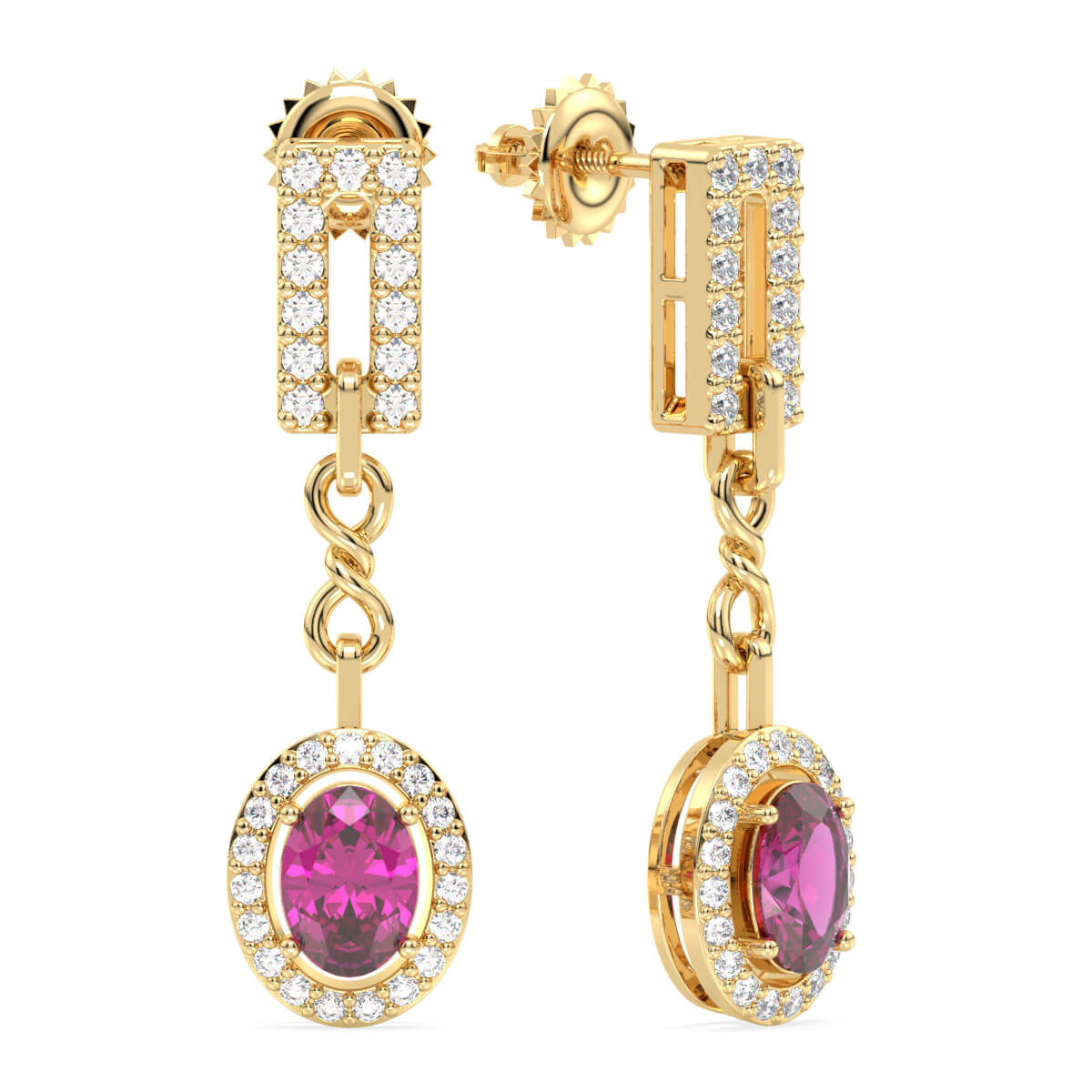 Link Style Drop Earrings With Pink Topaz -Yellow