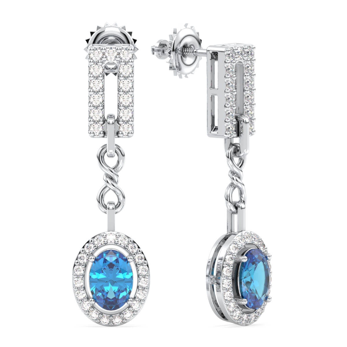 Link Style Drop Earrings With Swiss Blue Topaz - White