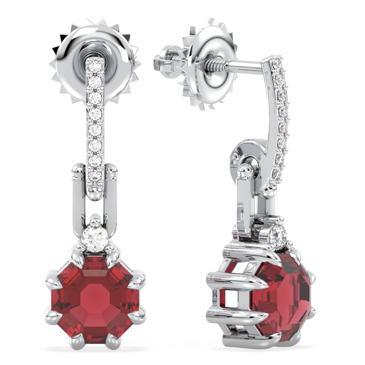 Red Garnet Hexagonal Drop Earrings - White