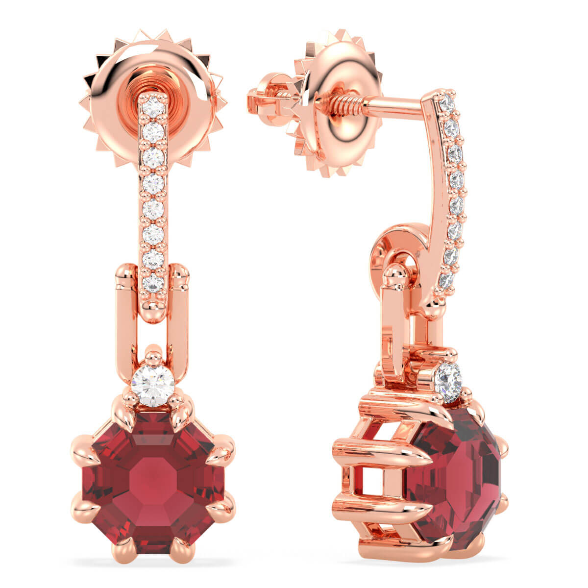 Red Garnet Hexagonal Drop Earrings - Rose