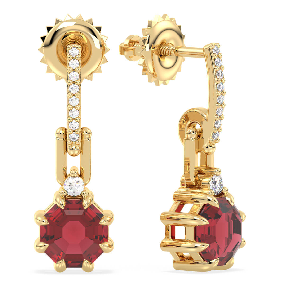 Red Garnet Hexagonal Drop Earrings - Yellow