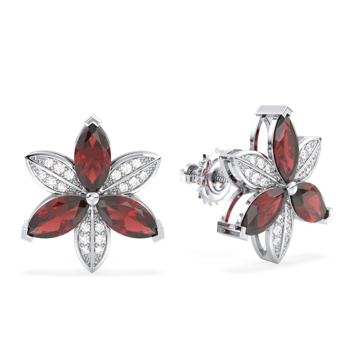 Era Of Nature- Red Garnet with Moissanite Trillium Flower Earrings -White