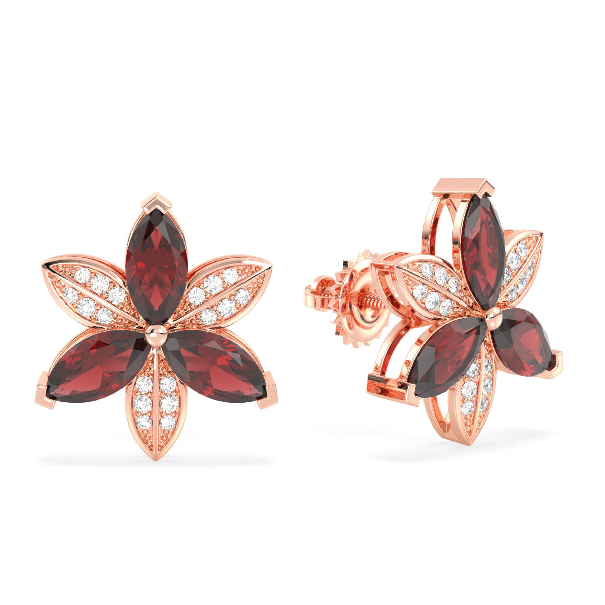 Era Of Nature- Red Garnet with Moissanite Trillium Flower Earrings -Rose