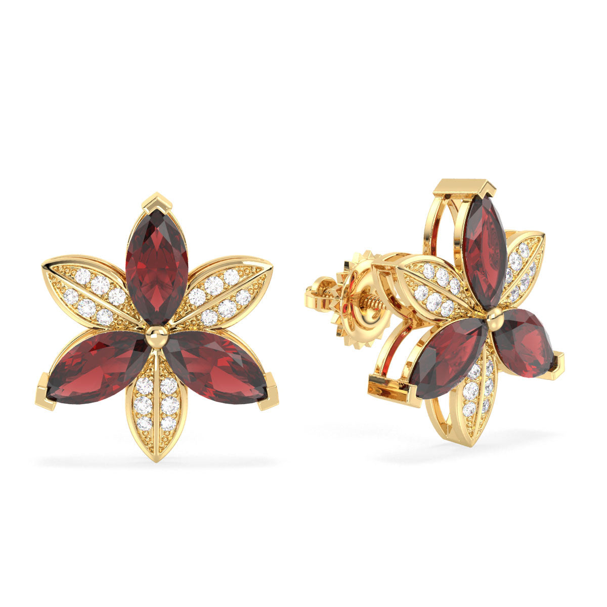 Era Of Nature- Red Garnet with Moissanite Trillium Flower Earrings - Yellow Gold