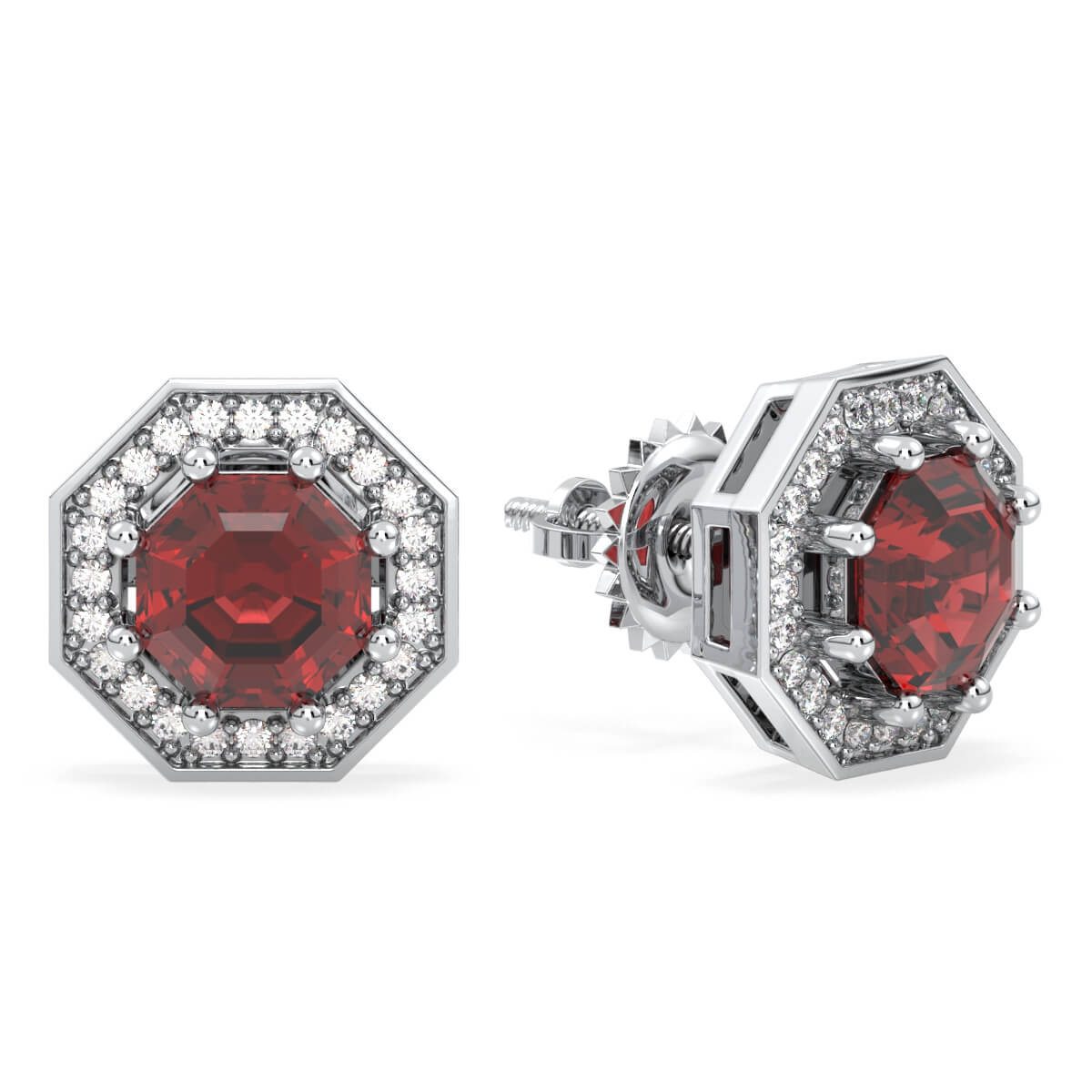 Red Garnet Halo Studs - White