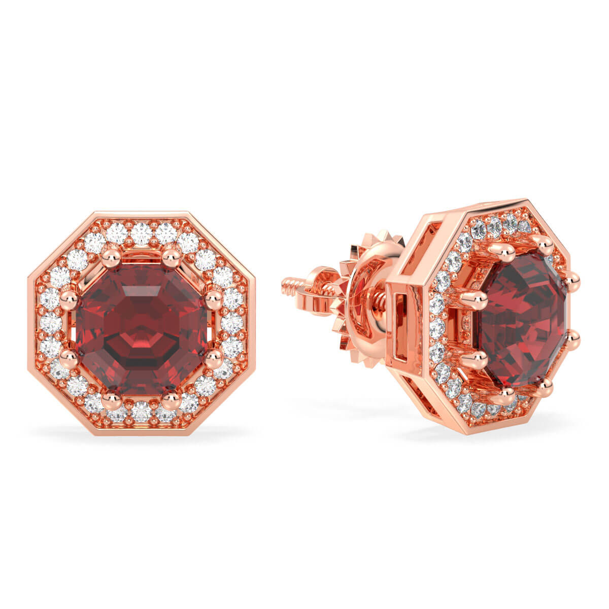 Red Garnet Halo Studs - Rose