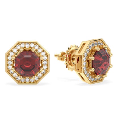 Red Garnet Halo Studs - Yellow