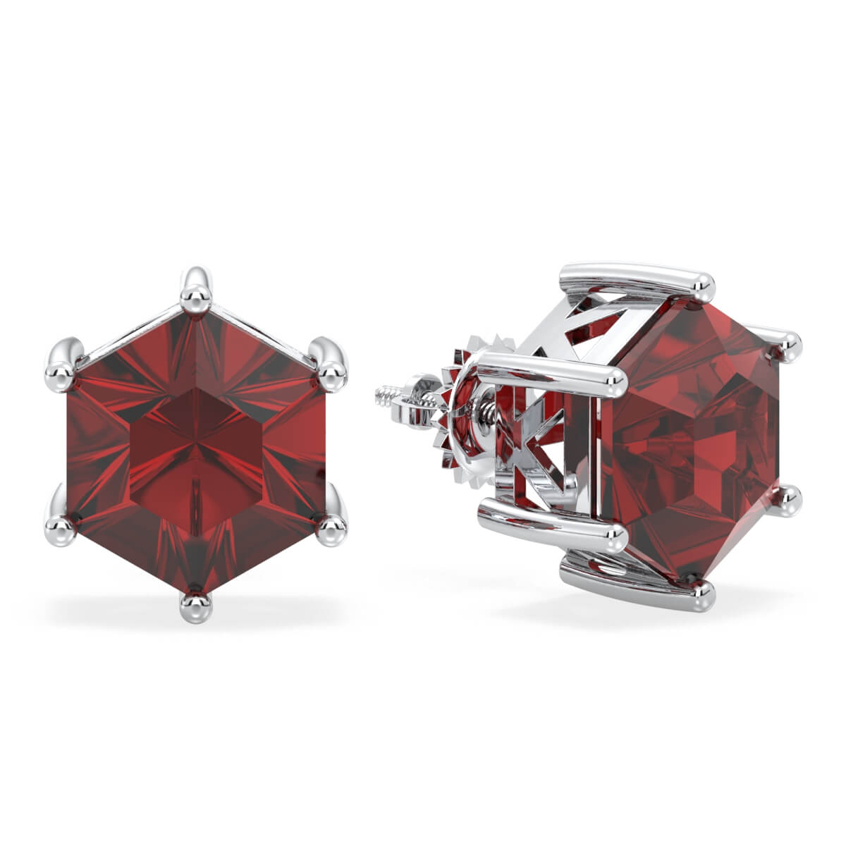 Classic Hexagonal Red Garnet Stud Earrings - White