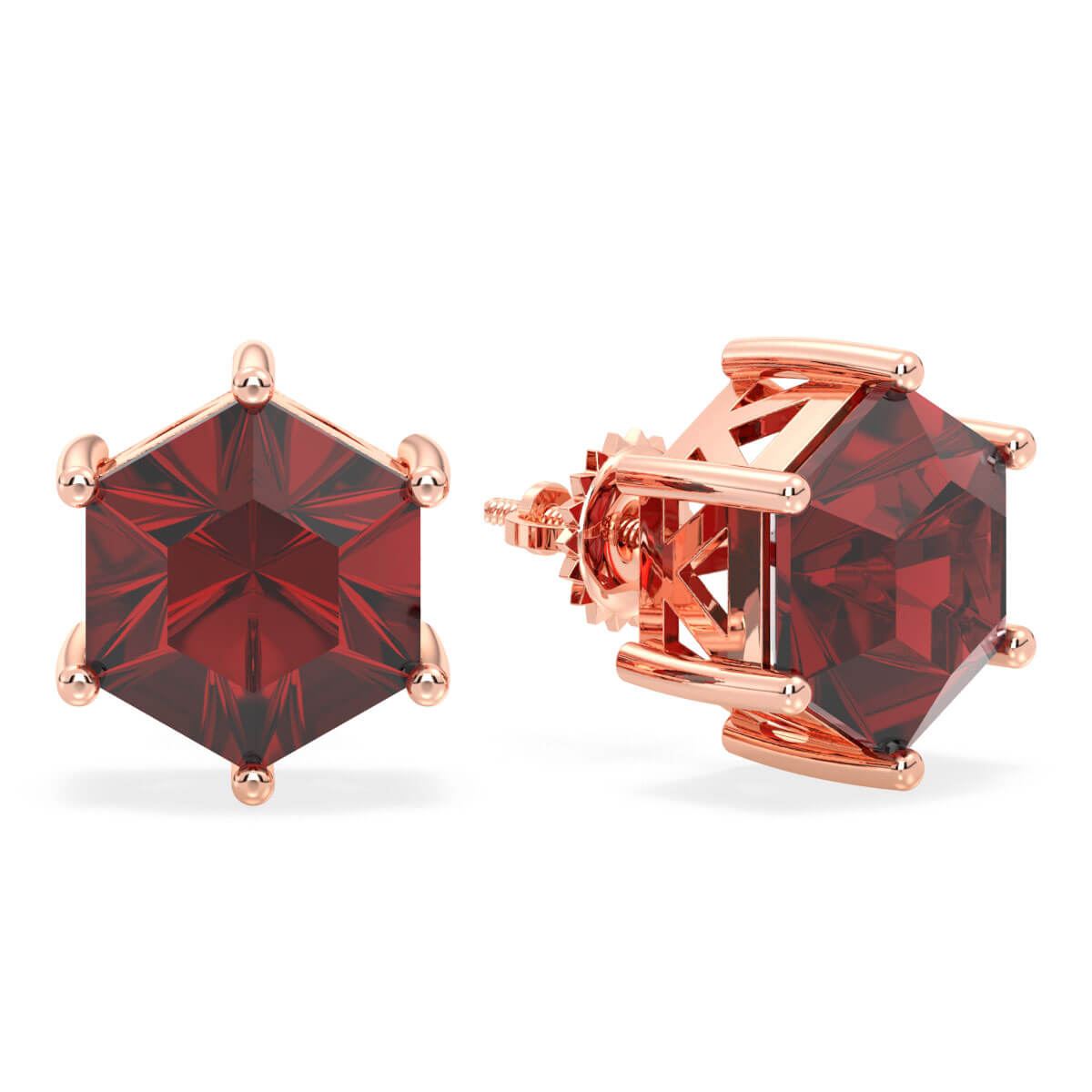 Classic Hexagonal Red Garnet Stud Earrings - Rose