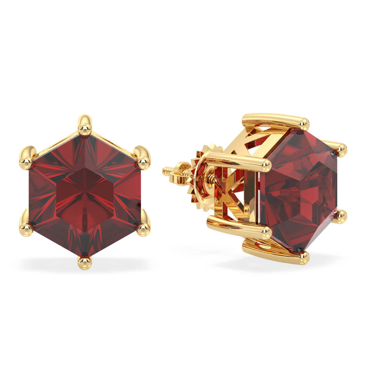 Classic Hexagonal Red Garnet Stud Earrings - Yellow