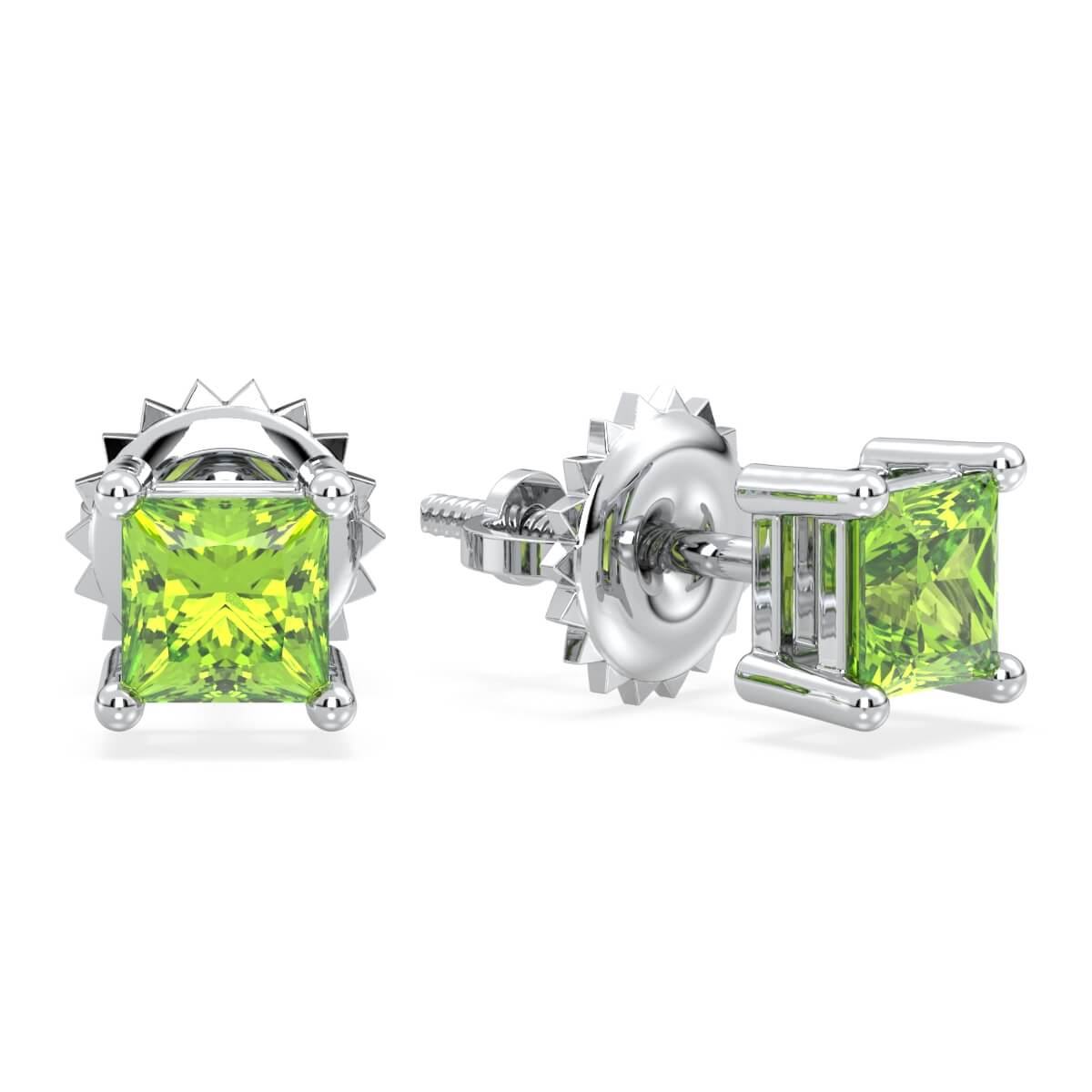 Princess-Cut Peridot Stud Earrings - White