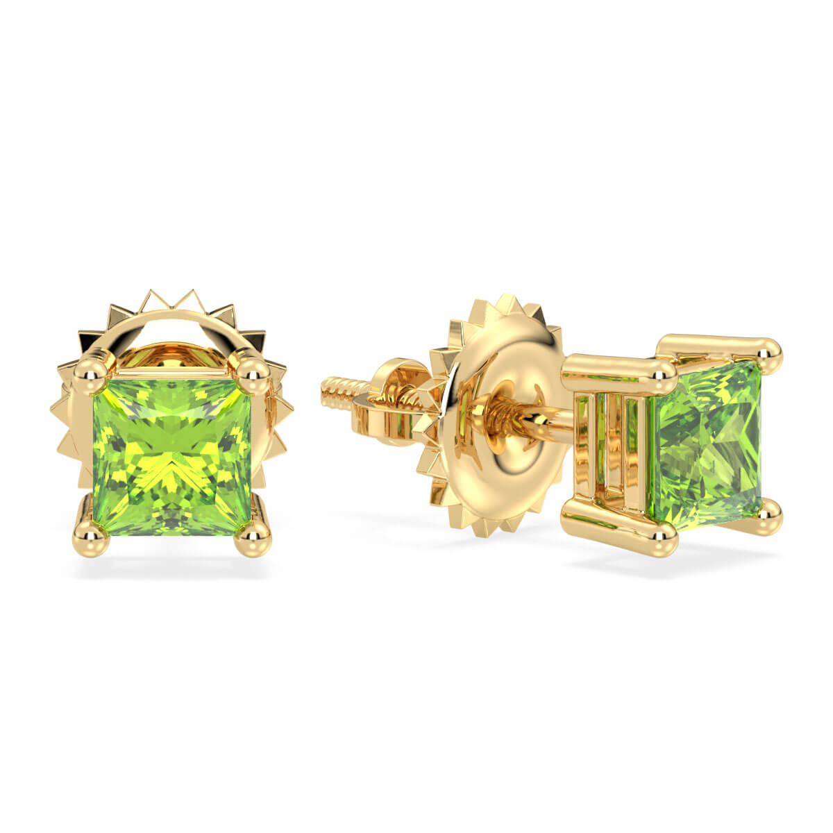 Princess-Cut Peridot Stud Earrings - Yellow