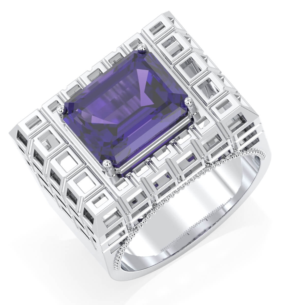 Octagonal Amethyst Cocktail Ring-White