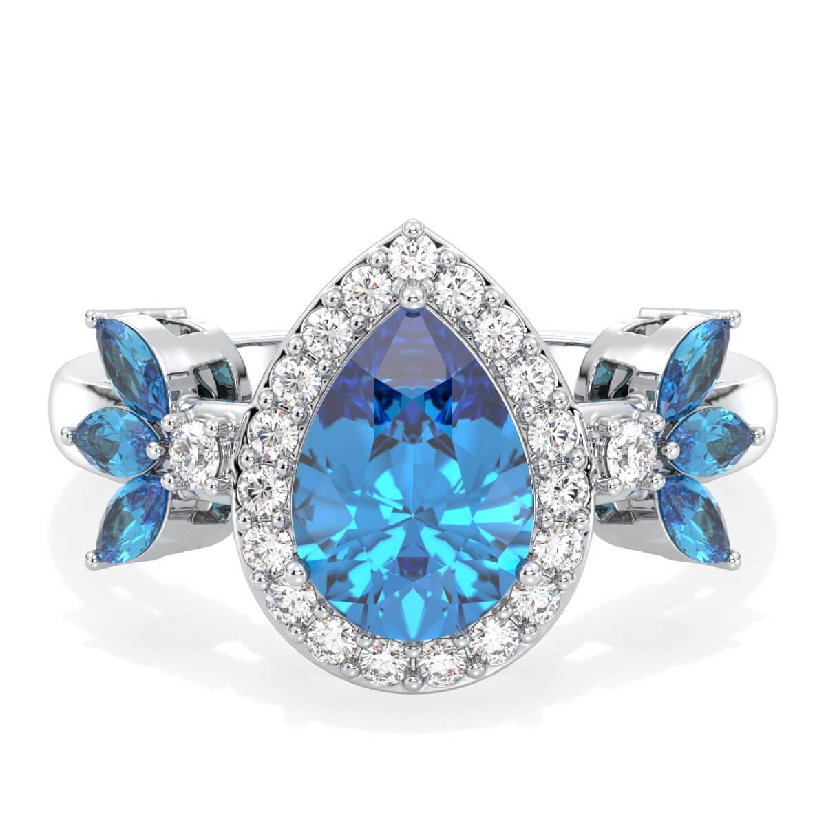 Pear Shaped Swiss Blue Topaz Halo Ring - White