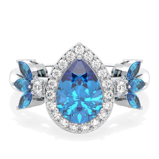 Pear Shaped Swiss Blue Topaz Halo Ring - White