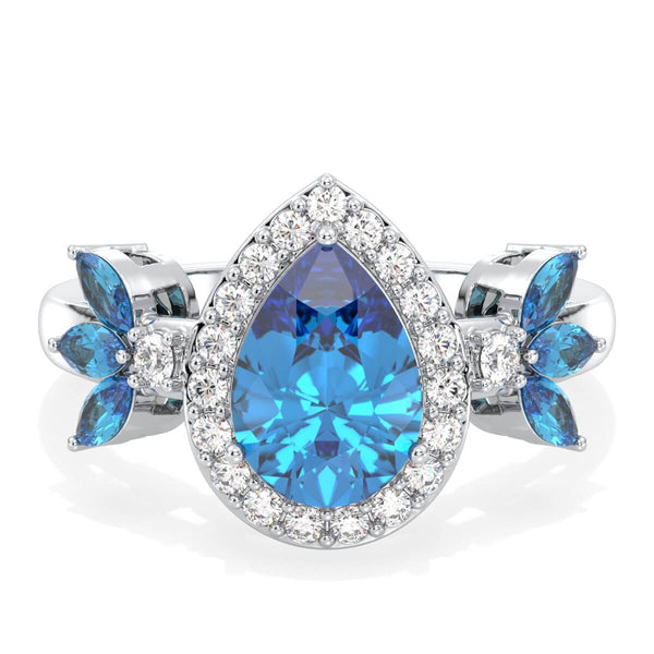 Pear Shaped Swiss Blue Topaz Halo Ring - White