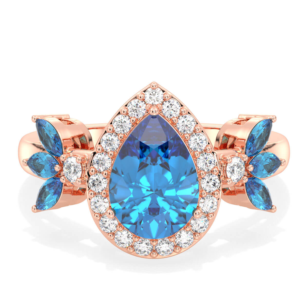 Pear Shaped Swiss Blue Topaz Halo Ring - Rose