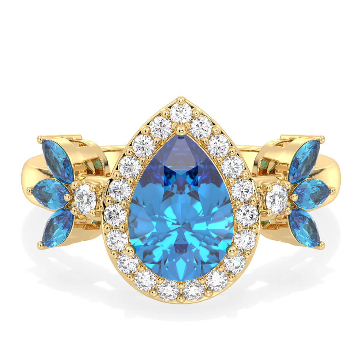 Pear Shaped Swiss Blue Topaz Halo Ring - Yellow