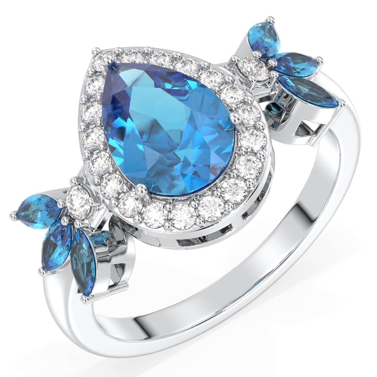 Pear Shaped Swiss Blue Topaz Halo Ring - White