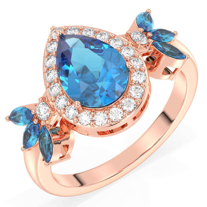 Pear Shaped Swiss Blue Topaz Halo Ring - Rose