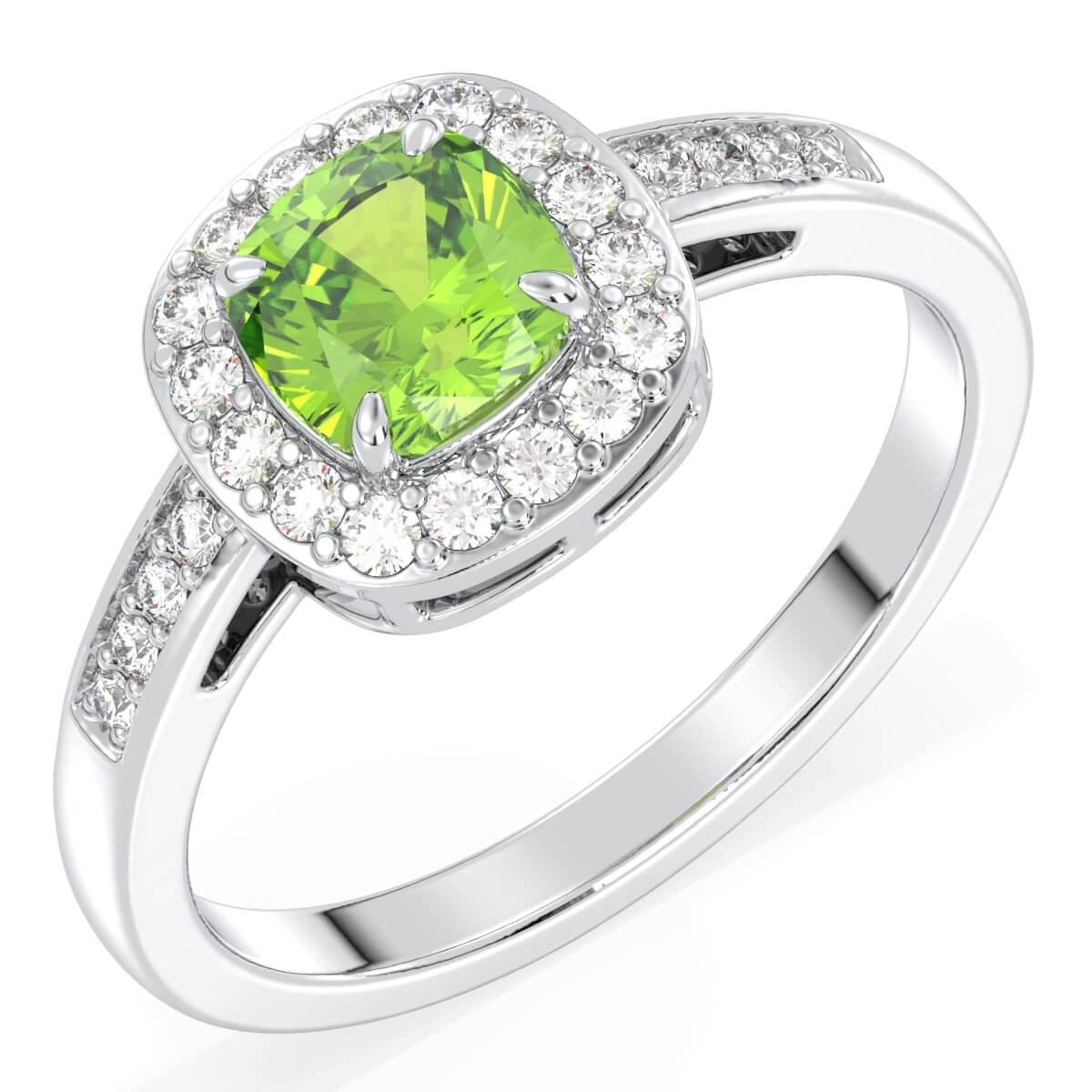 Vintage Halo Moissanite Cushion Ring With Peridot - White