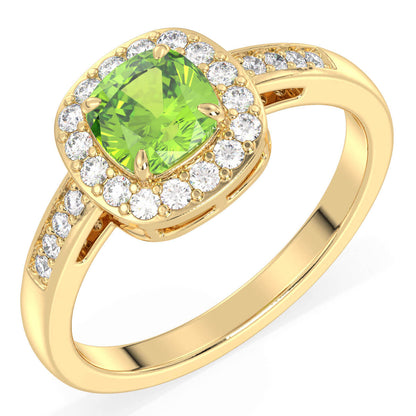 Vintage Halo Moissanite Cushion Ring With Peridot - Yellow