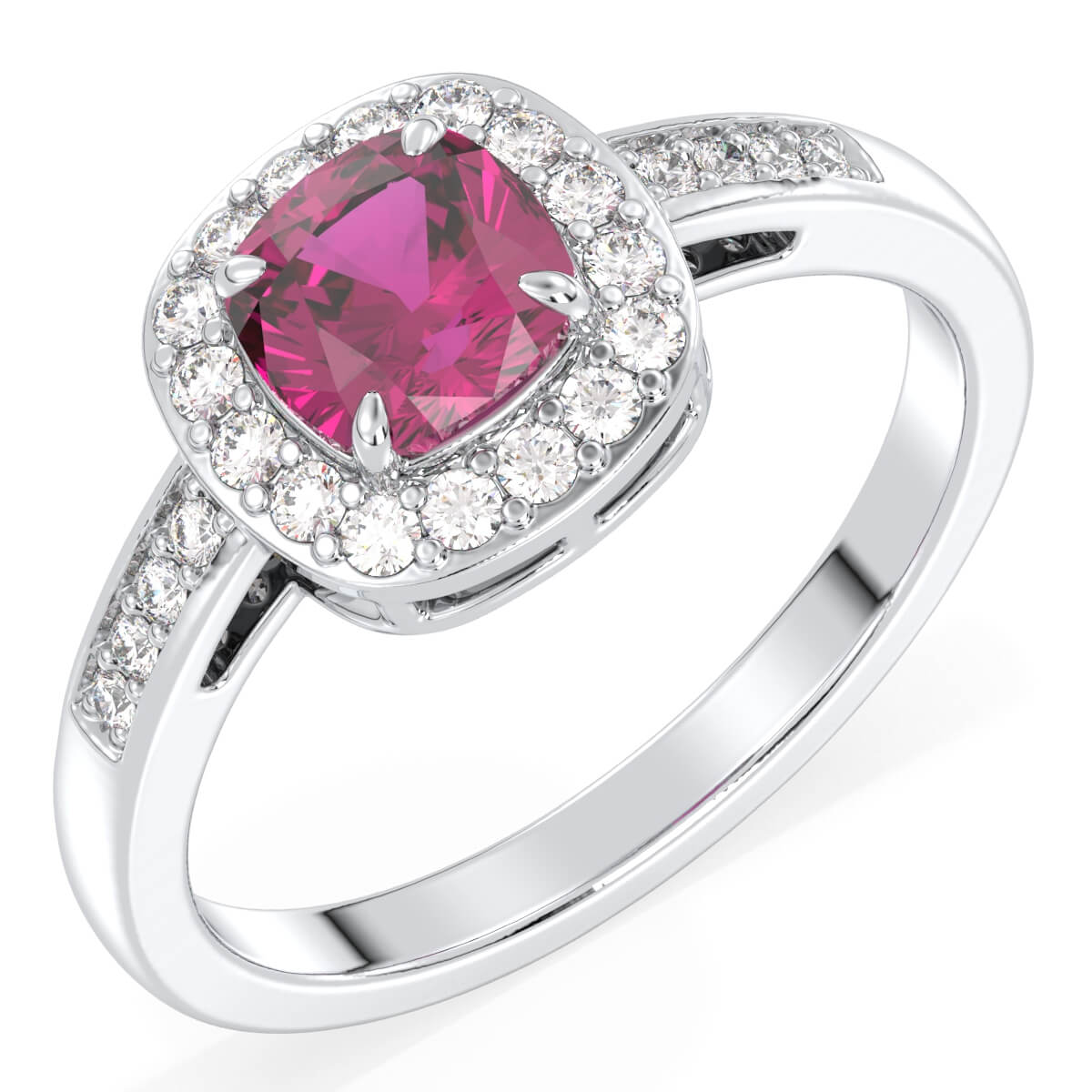 Vintage Halo Moissanite Cushion Ring With Pink Topaz - White