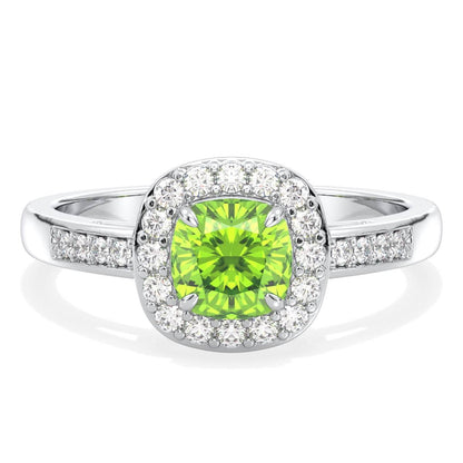 Vintage Halo Moissanite Cushion Ring With Peridot - White