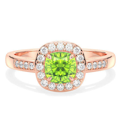 Vintage Halo Moissanite Cushion Ring With Peridot - Rose