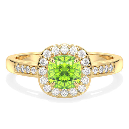 Vintage Halo Moissanite Cushion Ring With Peridot - Yellow