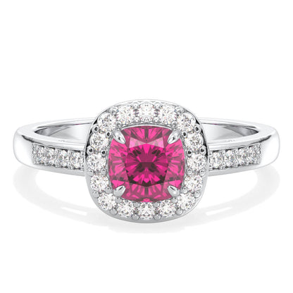 Vintage Halo Moissanite Cushion Ring With Pink Topaz - White