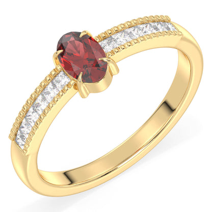 Classic Oval Moissanite Ring With  Red Garnet -Yellow