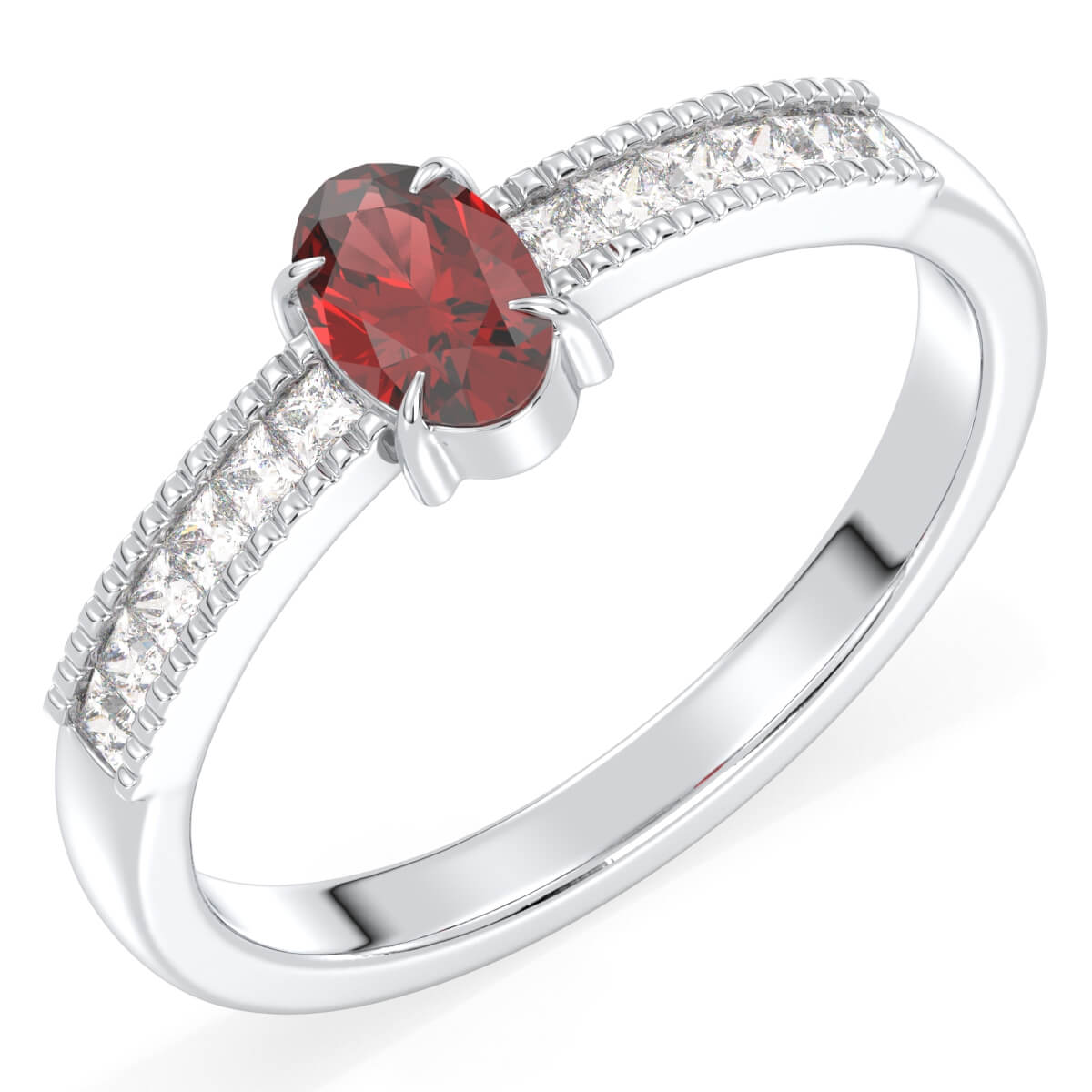 Classic Oval Moissanite Ring With Red Garnet -White