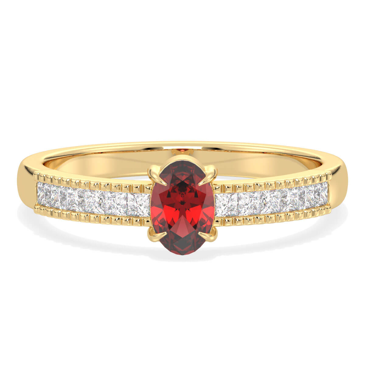 Classic Oval Moissanite Ring With  Red Garnet -Yellow