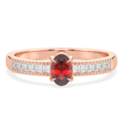 Classic Oval Moissanite Ring With Red Garnet -Rose