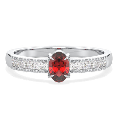 Classic Oval Moissanite Ring With Red Garnet -White