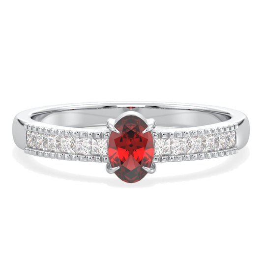 Classic Oval Moissanite Ring With Red Garnet -White