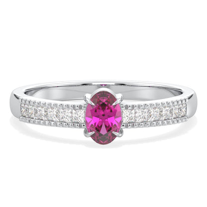 Classic Oval Moissanite Ring With Pink Topaz -White