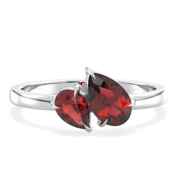 Classic Two Stone Pear Shaped Red Garnet Ring - White